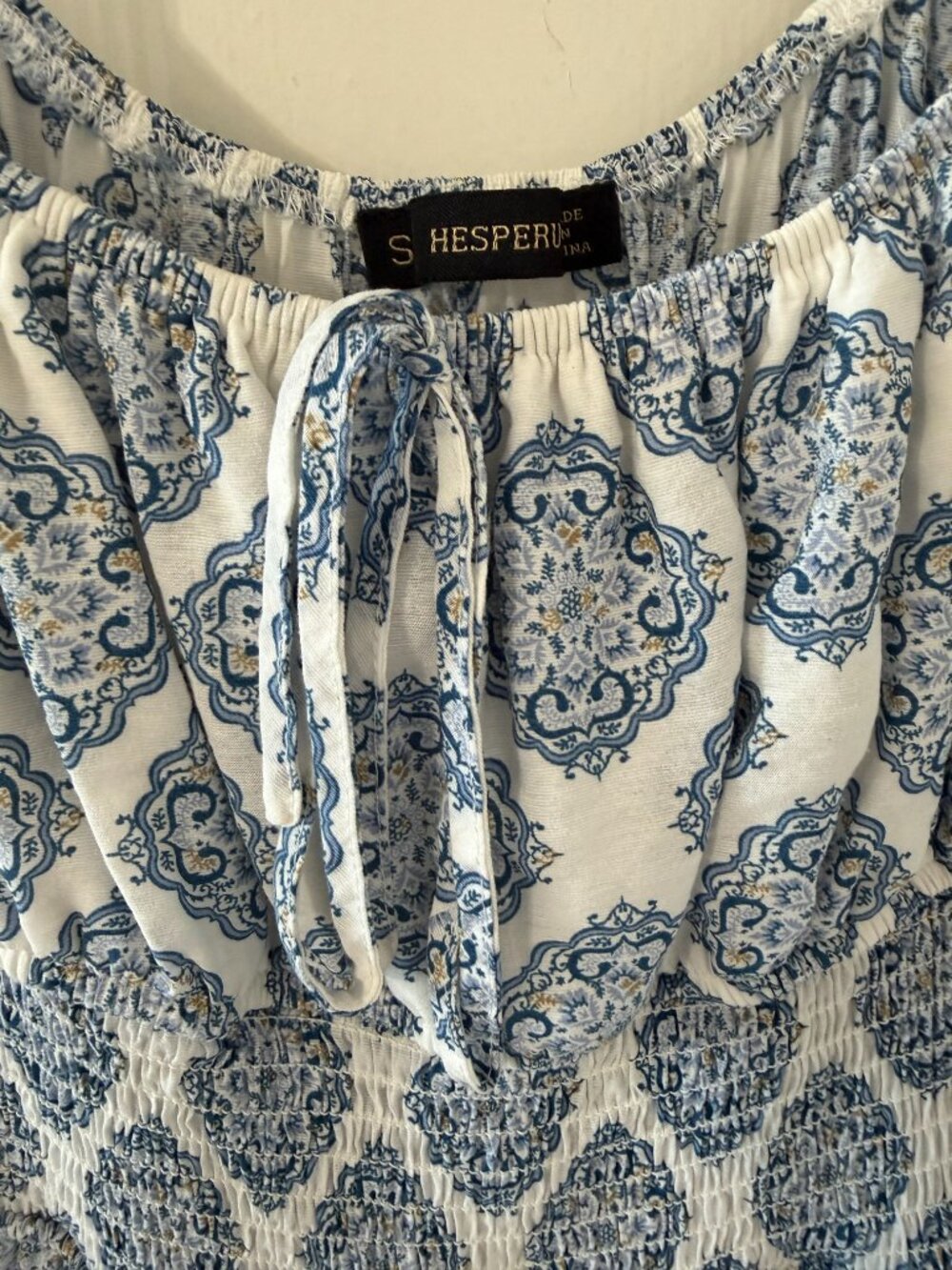 Hesperus Blue & White Puff Sleeve Smocked Mini Dress Size Small - Picture 6 of 6